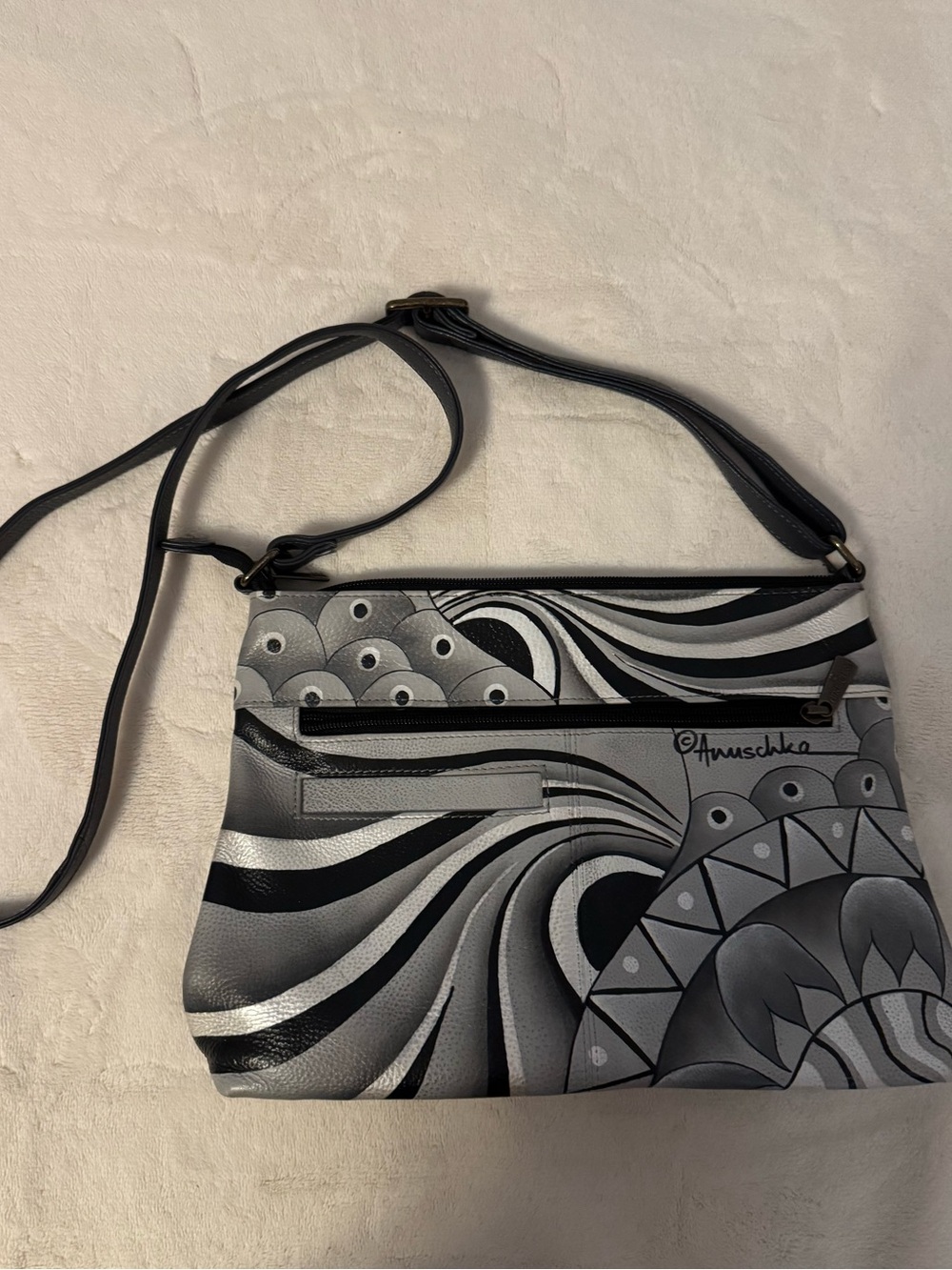 Anuschka Hand-Painted Black and Gray Leather Crossbody